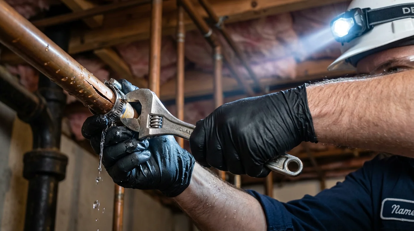 Emergency pipe clamp repair being performed by a Johns Plumbing LLC plumber in Millbury