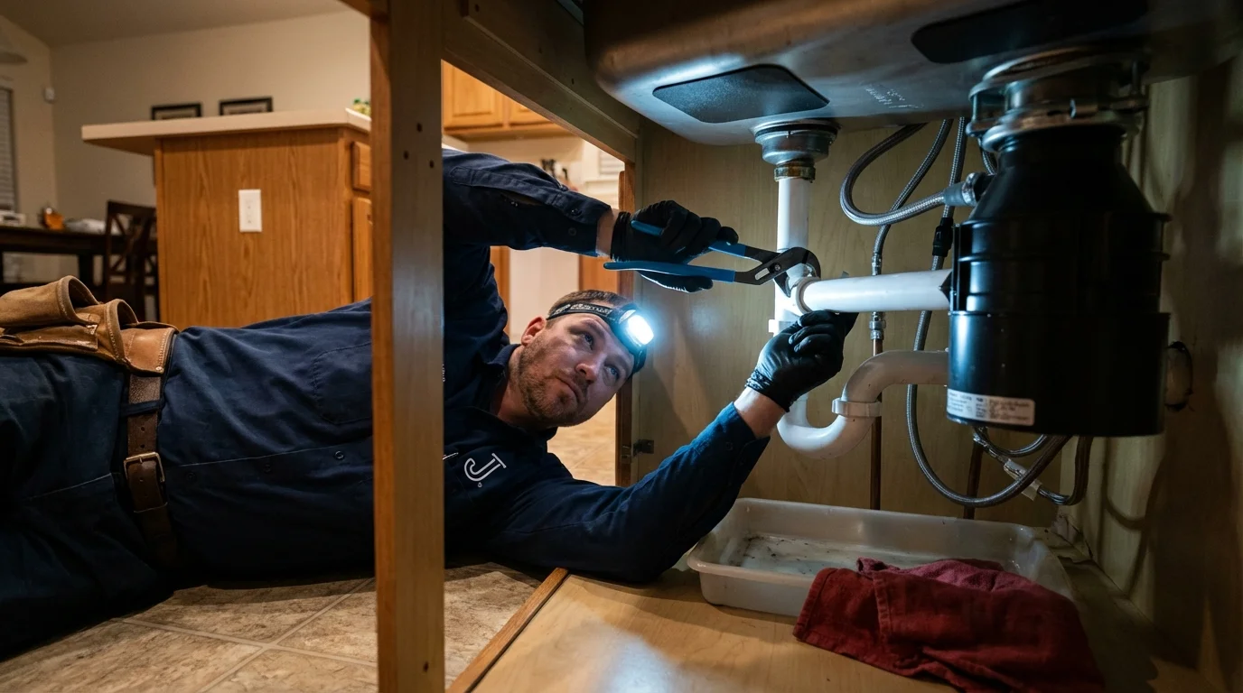 P-trap and supply line connections under a kitchen sink showing a common leak point in Millbury, OH